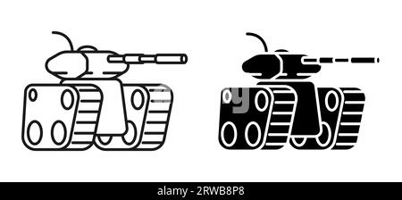 Lineares Symbol, Kampfpanzer mit langem Lauf zum Abfeuern von Geschossen auf den Feind. Schwere Artilleriegeräte. Einfache Schwarzweiß-Vektorisolierung Stock Vektor