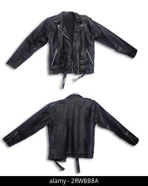 Klassische schwarze Lederjacke für Biker. Outdoor-Bekleidung für unterwegs. Schwarze, stylische Jacke aus Vintage-Leder mit Reißverschluss vorne und hinten isoliert auf weißem bac Stockfoto