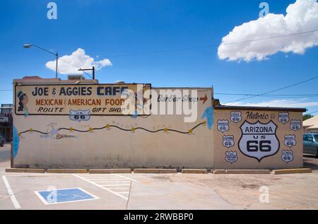 Karte der Route 66 an der Wand des joe and Aggies Cafe auf der Route 66 in holbrook arizona gemalt. Tolles mexikanisches und amerikanisches Essen Stockfoto