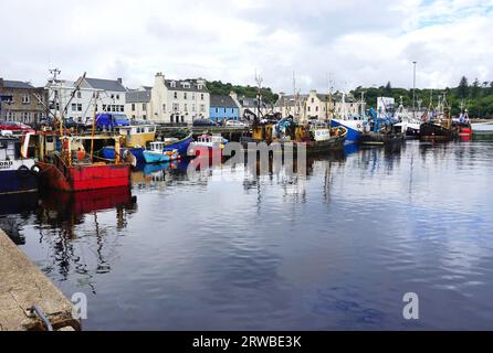 Breiter Blick auf den geschäftigen Hafen von Stornoway, Isle of Lewis, in Schottlands Äußeren Hebriden. Der Hafen wird regelmäßig von der Fähre nach Ullapool besucht Stockfoto