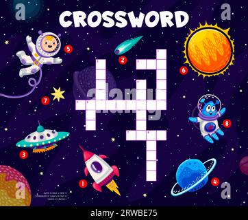 Kreuzworträtsel-Quizspiel mit Zeichentrickfiguren und Raumschiffen im Sternenraum, Vektorarbeitsblatt. Ein junger Astronaut mit Alien-UFO, Rakete und Planeten im Kreuzworträtsel-Quiz, um das Wort zu erraten Stock Vektor