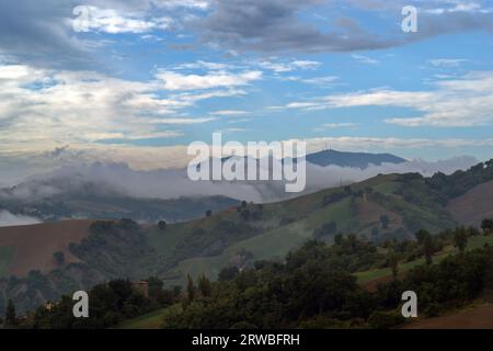 mattina nebbiosa sulle colline del Montefeltro Stockfoto