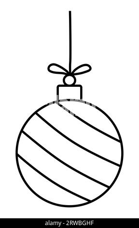 Gestreifter festlicher Ball, Weihnachtsbaumdekoration Spielzeug, Hängen an Seil, Winterferien Designelement, Doodle-Stil flache Vektor-Umrissillustration für Kinder Malbuch Stock Vektor