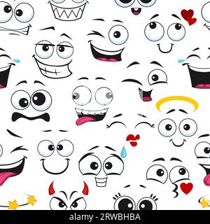 Comic lustige Emoji Gesichter nahtlose Muster. Lustiger textiler Hintergrund, Tapete oder Stoffvektordruck mit lächelnden, törichten und blinkenden Emoji-Gesichtern, Geschenkpapierhintergrund mit Gesichtsausdrücken Stock Vektor