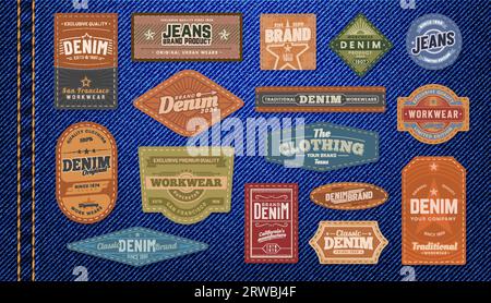 Aufnäher und Etiketten aus Denim-Jeans-Leder. Isolierter Vektorsatz aus strukturierten Tags, die Markennamen anzeigen, die dem Kleidungsstück eine Identität und einen Hauch von Stil verleihen. Embleme im Retro-Stil für Kleidung Stock Vektor