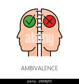 Ambivalenz psychische Störung Problem, psychische Gesundheit. Das lineare Vektorzeichen symbolisiert widersprüchliche Emotionen oder Gedanken, dargestellt durch eine zweiseitige Figur, die die Komplexität der menschlichen Psychologie vermittelt Stock Vektor