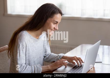 Lächelnde junge Frau, die auf den Laptop schaut und am Schreibtisch sitzt Stockfoto