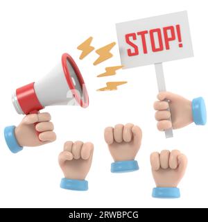 Zeichentrickhände von Dämonstranten und Hand mit Megaphon und Stoppzeichen, Protestkonzept, Revolution, Konflikt, 3D-Rendering auf weißem Hintergrund. Stockfoto