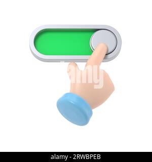 Zeichentrickfigur Symbol Mockup.3d Rendering, Zeichentrickfigur Hand Aktivieren der Schaltfläche, Schieberegler Symbol.3D Rendering auf weißem Hintergrund. Stockfoto
