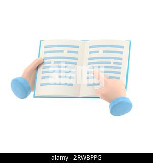 Cartoon Gesture Icon Mockup.Buch in Händen öffnen,Lesen,Bildung,3D-Rendering auf weißem Hintergrund. Stockfoto