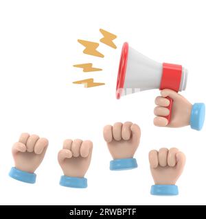 Zeichentrickhände von Dämonstranten und Hand mit Megaphon, Protestkonzept, Revolution, Konflikt, 3D-Illustration in flacher Konstruktion .3D-Rendering auf weißem Hintergrund Stockfoto