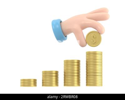 Cartoon Gesture Icon Mockup.männliche Hand stapelt goldene Münzen. Konzept persönlicher Investitionen und Einsparungen.3D-Rendering auf weißem Hintergrund. Stockfoto