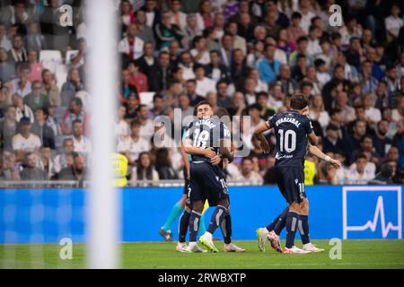 17. September 2023; Santiago Bernabeu Stadion, Madrid, Spanien, Spanisch La Liga Fußball, Real Madrid gegen Real Sociedad; Ander Barrenetxea feiert, wie er das Tor für 0-1 für Real Sociedad in der 5. Minute erzielt Stockfoto