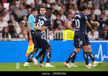 17. September 2023; Santiago Bernabeu Stadion, Madrid, Spanien, Spanisch La Liga Fußball, Real Madrid gegen Real Sociedad; Ander Barrenetxea feiert, wie er das Tor für 0-1 für Real Sociedad in der 5. Minute erzielt Stockfoto