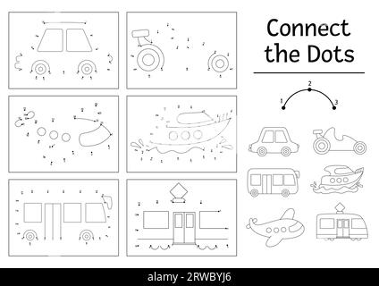 Vektor-Punkt-zu-Punkt-Farb-Aktivitäts-Set mit niedlichem Auto, Boot, Flugzeug, Bus, Straßenbahn. Transport verbindet die Dots-Spiele-Kollektion für Kinder. Transpo Stock Vektor