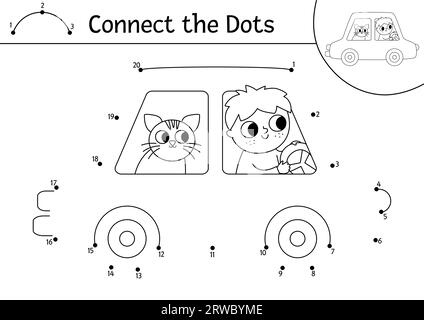 Vektor-Punkt-zu-Punkt- und Farbenaktivität mit niedlichem Auto, Fahrer und Beifahrer. Transport verbindet das Dots-Spiel für Kinder mit einem lustigen Auto. Trans Stock Vektor