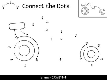 Vektor-Punkt-zu-Punkt- und Farbenaktivität mit niedlichem Rennwagen. Transport verbindet das Dots-Spiel für Kinder mit einem lustigen Rennauto. Transportfarbe Stock Vektor