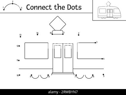 Vektor-Punkt-zu-Punkt- und Farbenaktivität mit Tram. Transport verbindet das Dots-Spiel für Kinder mit einer lustigen Straßenbahn. Transport-Malseite für Kinder Stock Vektor