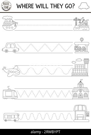 Arbeitsblatt zur Handschrift für Vektortransporte. Transport druckbarer Schwarzweiß-Aktivitäten für Kinder. Tracing-Spiel für Schreibfähigkeiten. Färbung Stock Vektor