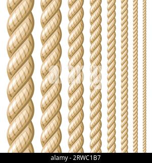 Vector Seamless Rope Set, Gruppe von Illustration vertikale dekorative natürliche lange Seile, Sammlung von vielen verschiedenen sich wiederholenden Hanfseilen auf weißem bac Stock Vektor