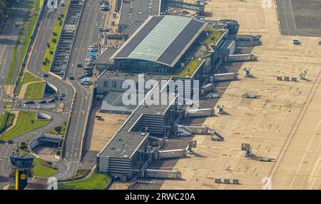 Luftaufnahme, Flughafen Dortmund mit Terminal, Wickede, Dortmund, Ruhrgebiet, Nordrhein-Westfalen, Deutschland, DE, Europa, Flugmission, Flughafen, Klimaanlage Stockfoto