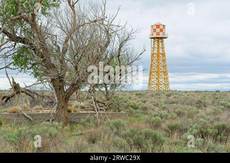 Granada Relocation Center Internierungslager Wasserturm hinter dem ursprünglichen Barackenfundament Ulme. Internierte pflanzten Bäume, um das Camp zu verschönern Stockfoto