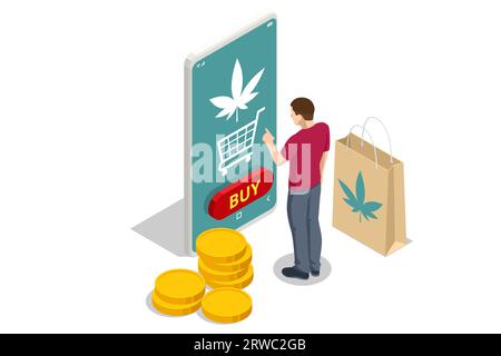 Isometrisches legalisiertes Marihuana. Bestellen Sie Cannabis- oder cbd-Produkte online über eine mobile Anwendung. Cannabis Online-Shop mit Cannabisprodukten. Pflanzlich Stock Vektor