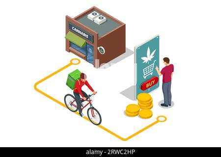 Isometrisches legalisiertes Marihuana. Bestellen Sie Cannabis- oder cbd-Produkte online über eine mobile Anwendung. Cannabis Online-Shop mit Cannabisprodukten. Pflanzlich Stock Vektor