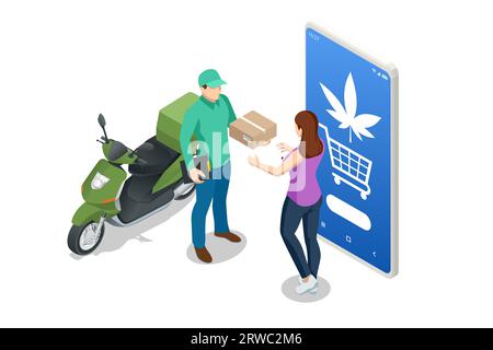 Isometrisches legalisiertes Marihuana. Bestellen Sie Cannabis- oder cbd-Produkte online über eine mobile Anwendung. Cannabis Online-Shop mit Cannabisprodukten. Pflanzlich Stock Vektor