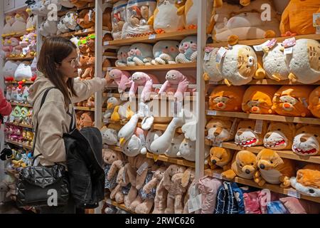 Plüschspielzeug für Kinder im Geschäft erhältlich. Der Kunde wählt ein Plüschtier aus dem Miniso Markengeschäft. Minsk, Belarus, 2023 Stockfoto