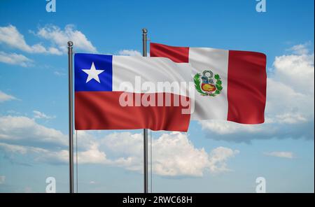 Die Flagge Perus und Chiles weht im Wind am blauen Himmel zusammen, ein Konzept der Zusammenarbeit zwischen zwei Ländern Stockfoto