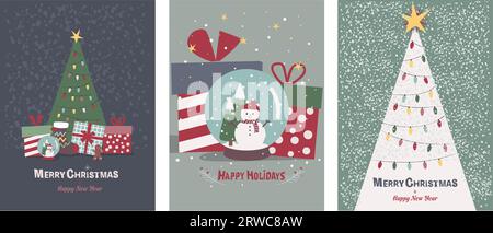 Set mit fröhlichen Weihnachtsgrüßkarten mit süßen traditionellen Elementen Stock Vektor