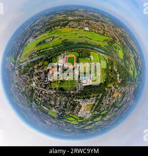 Luftaufnahme, Sportzentrum Ost mit Jahnstadion und Maximare Erlebnistherme, Datteln-Hamm-Kanal und Fluss Lippe, Kugel, Fisheye-Schuss, 360-Grad-Schuss Stockfoto