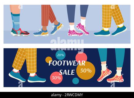 Schuhbanner-Set. Beine in Sneakers, Seitenansicht. Sonderangebot-Design. Werbebanner mit Sportschuhen. Flache Vektorillustration. Stock Vektor