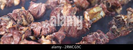 Nahaufnahme mehrerer Spieße mit gegrilltem saftigem Fleisch in Rauch. Stockfoto