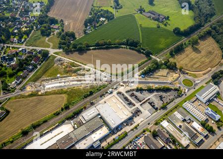 Luftaufnahme, Südkamener Spange, Baustelle mit Neubau und Unterführung, Anschluss an Dortmunder Straße und Westicker Straße, Eisenbahn Stockfoto