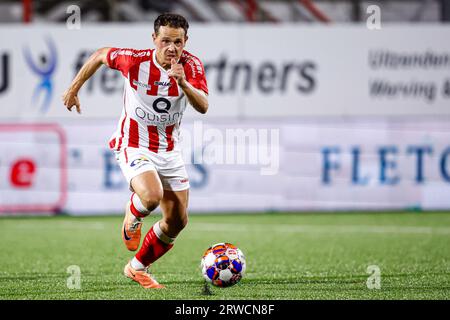 Oss, Niederlande. September 2023. OSS, NIEDERLANDE - 18. SEPTEMBER: Giovanni Korte, der am 18. SEPTEMBER 2023 im Frans Heesen Stadion in Oss (Niederlande) beim niederländischen Keuken Kampioen Divisie-Spiel zwischen TOP Oss und FC Dordrecht die FÜHRUNG übernahm. (Foto: Broer van den Boom/Orange Pictures) Credit: Orange Pics BV/Alamy Live News Stockfoto