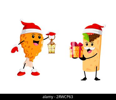 Cartoon Fast Food Chicken leg und Burrito Weihnachtsfigur in roten Weihnachtsmützen. Neujahrsfeiertag oder Weihnachtsfeier Vektor lustige Persönlichkeiten von Fast Food Mahlzeiten mit Weihnachtsgeschenk und Laterne Stock Vektor