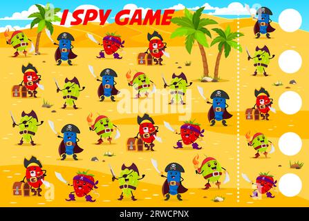 Ich spioniere Spieltabelle mit Cartoon-Beerenpiraten und Korsaren auf der Insel. Kinder-Vektor-Rätsel, zählen Sie, wie viele Honeyberry, Stachelbeere, Berberitze, Traube und Erdbeere Filibuster Charaktere Kinder testen Stock Vektor