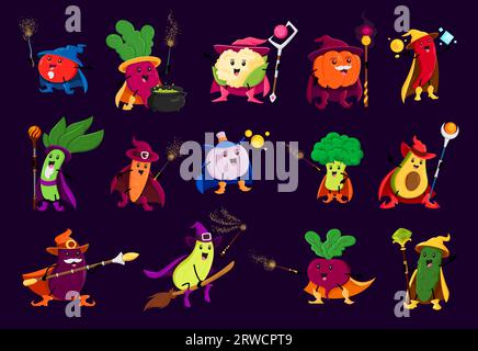 Cartoon halloween Gemüsemagier, Hexen und Magier. Vektortomate, Rettich, Blumenkohl und Kürbis. Rote Chilischote, Spinat, Karotte und Knoblauch mit Brokkoli oder Avocado, Kürbis und Rüben Stock Vektor