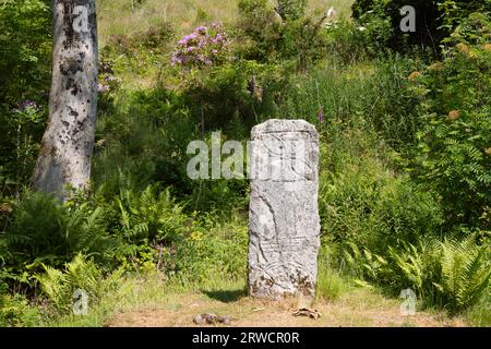 Ein antiker piktischer stehender Stein auf Raasay in den Inneren Hebriden, mit mehreren geschnitzten Symbolen, darunter das Chi-RO-Kreuz an der Spitze Stockfoto