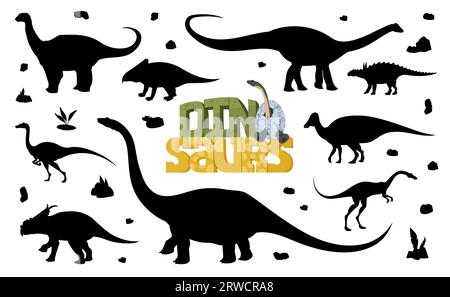 Cartoon-Dinosaurier-Silhouetten jurassischer Dino-Tiere. Vektorschwarze Schatten von Elmisaurus, Jaxartosaurus und Garudimimus, Magyarosaurus, Protoceratops, Quaesitosaurus und Struthiosaurus-Monstern Stock Vektor