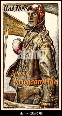 1. Weltkrieg 1918: Deutsche Vintage-Propaganda-Poster: Und du? War Loan / und Ihr abonnieren? Zeichnet Kriegsanleihe. Von dem Maler und Grafikdesigner Fritz Erler (1868–1940) mit einem deutschen Militärpiloten mit dem Text oben und unten in stilisierter Schrift. Gedruckt in Deutschland von Eckstein & Stahle, Stuttgart. Deutschland, 1918, Entwurf von Fritz Erler, Stockfoto