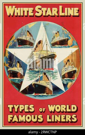 Vintage 1900er Jahre WHITE STAR LINE, WELTBERÜHMTE LINIENSCHIFFE wie die RMS Titanic Olympic Britannic, die Schwesterschiffe der RMS Titanic von White Star Line. Poster in Farbe, gedruckt von der Liverpool Printing & Stationery Printing Company Stockfoto