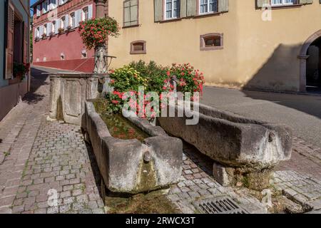 Hunawihr, Frankreich - 09 04 2023: Blick auf einen typischen Steinbrunnen mit bunten Blumen Stockfoto