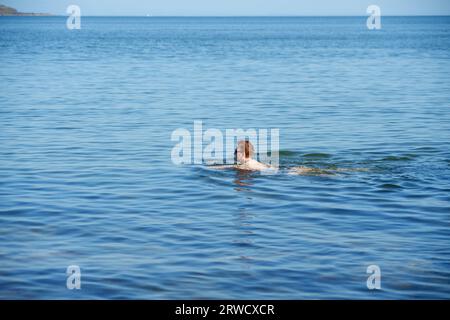 Ein wilder Schwimmer im Meer vor der Küste von Solway bei Kirkudbright, Dumfries und Galloway, Schottland Stockfoto