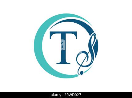 Anfangsbuchstabe T mit Musiknotenlogo. Symbol für Musikzeichen. Schriftartenemblem. Moderne Vektor-Logo-Designvorlage Stock Vektor