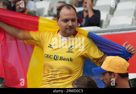 Supporter Roumania während der Weltmeisterschaft 2023, Pool B Rugby union Spiel zwischen SÜDAFRIKA und ROUMANIA am 17. September 2023 in Matmut Atlantique in Bordeaux, Frankreich - Foto Laurent Lairys / DPPI Stockfoto