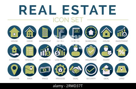 Bunte Immobilien Runde Ikonenset von Haus, Haus, Wohnung, Kauf, Miete, Suchen, Investition, Auswählen, Wunschliste, Niedriger Hoher Preis, Eigentümer, Insu Stock Vektor