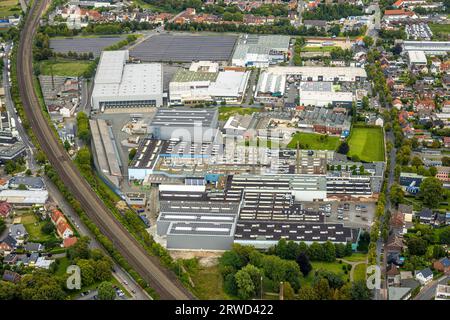 Luftbild, Luftbild, Industriepark Beckumer Straße, Kaldewei GmbH, Ahlen, Ruhrgebiet, Nordrhein-Westfalen, Deutschland, DE, Europa, Commercial enterp Stockfoto